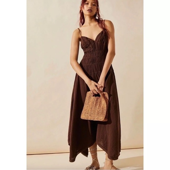 NWNT Free People Verbena Midi Dress  asymmetrical hem in chocolate Brown SZ S L - Picture 5 of 14